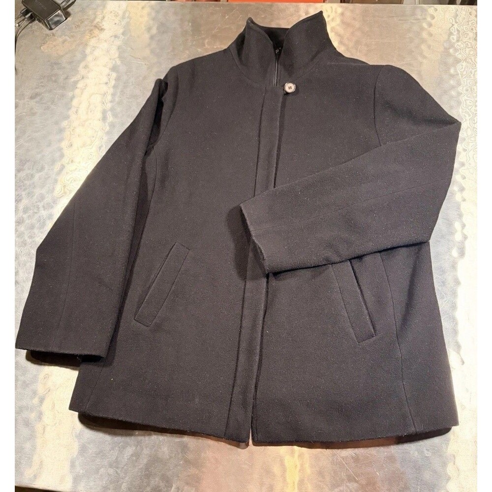 Camaieu Women’s Black Wool Blend Coat Jacket EU 42 US 16 Funnel neck Zip